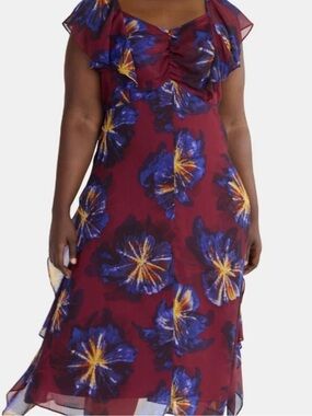 Terra & Sky Burgundy Floral Maxi Dress with Blue and Yellow Accents
